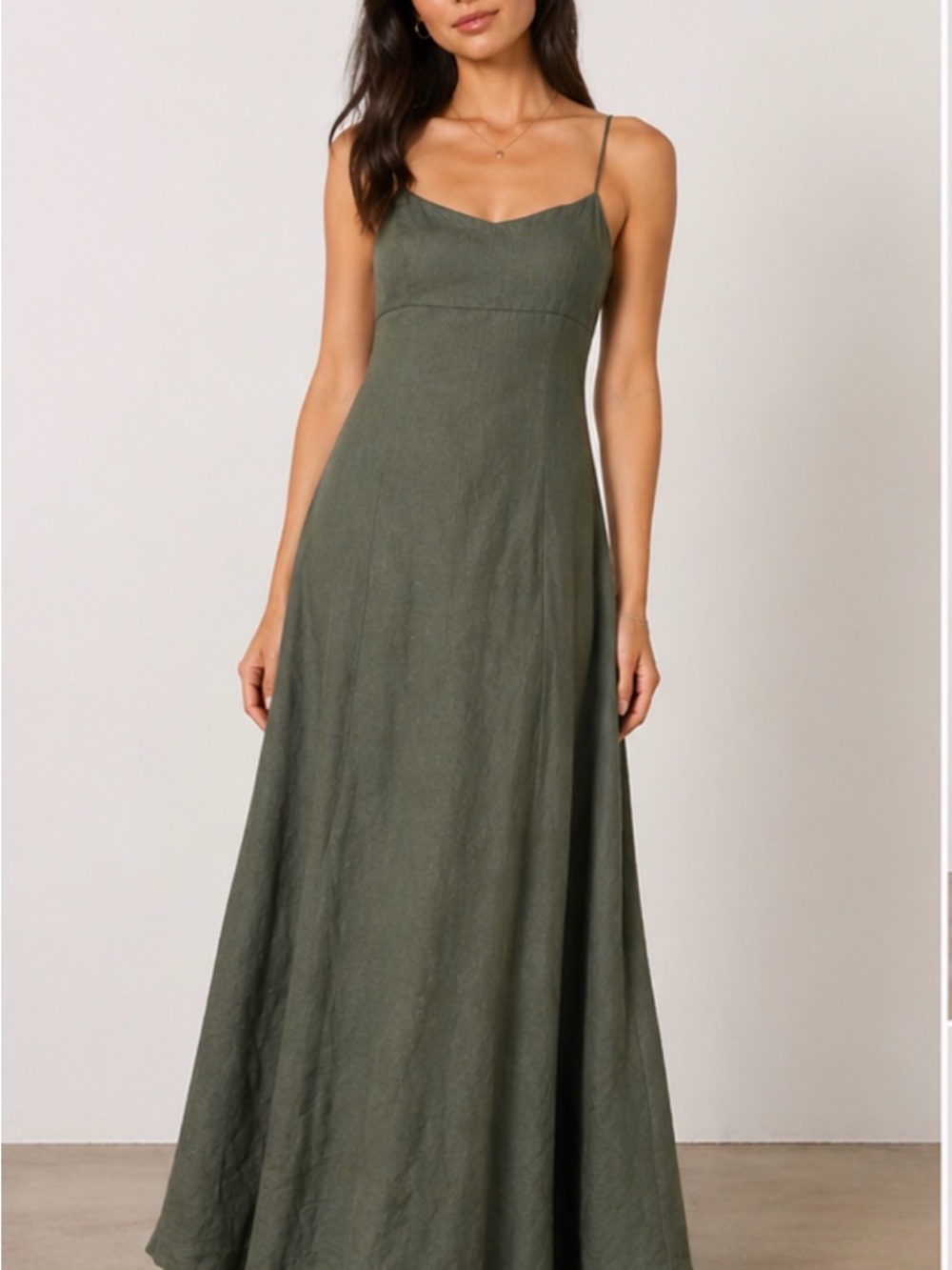 Theory Haranna Olive Green Spaghetti Strap, linen blend maxi dress
